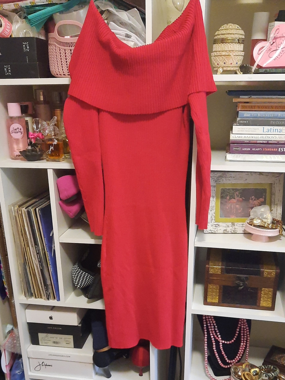 Red Off-Shoulder Ribbed Sweater Dress - Women
